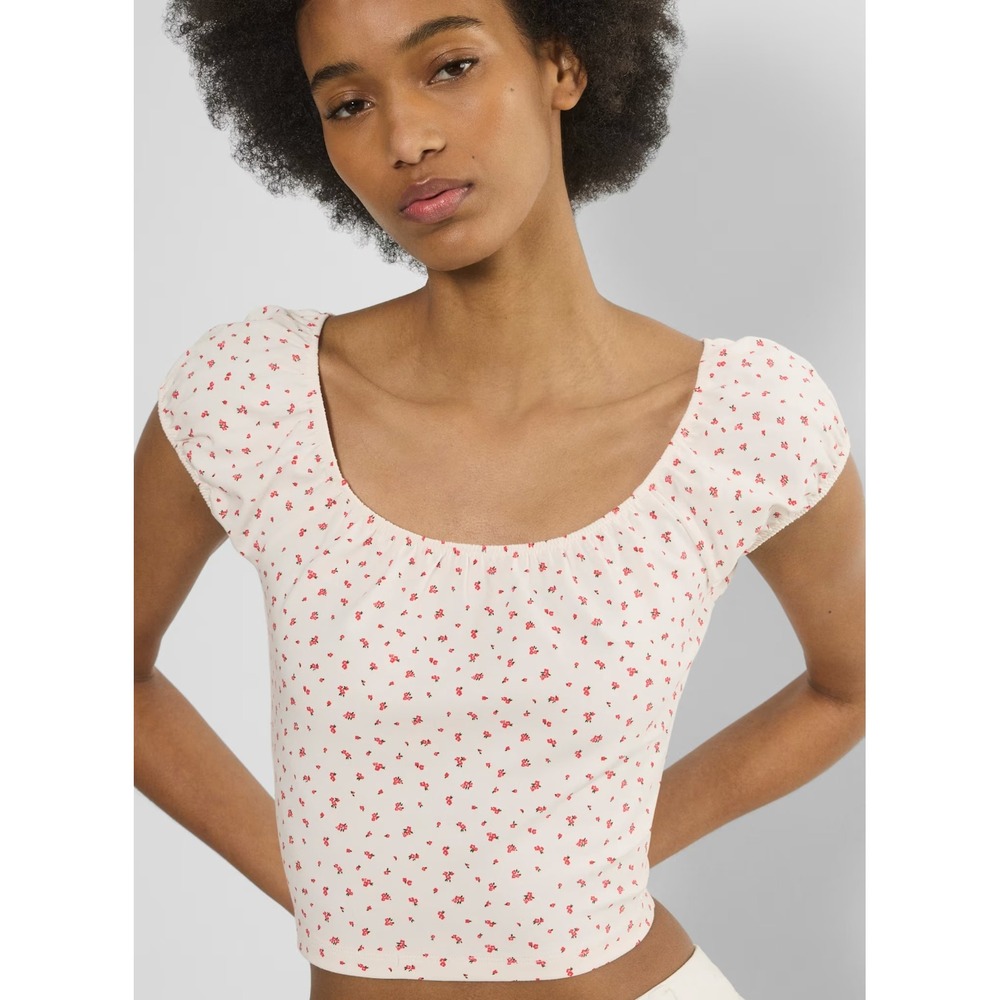 Aritzia Sunday Best Chill Lucie Puff Sleeve Top‎ Small Birch/Cherry Red EUC